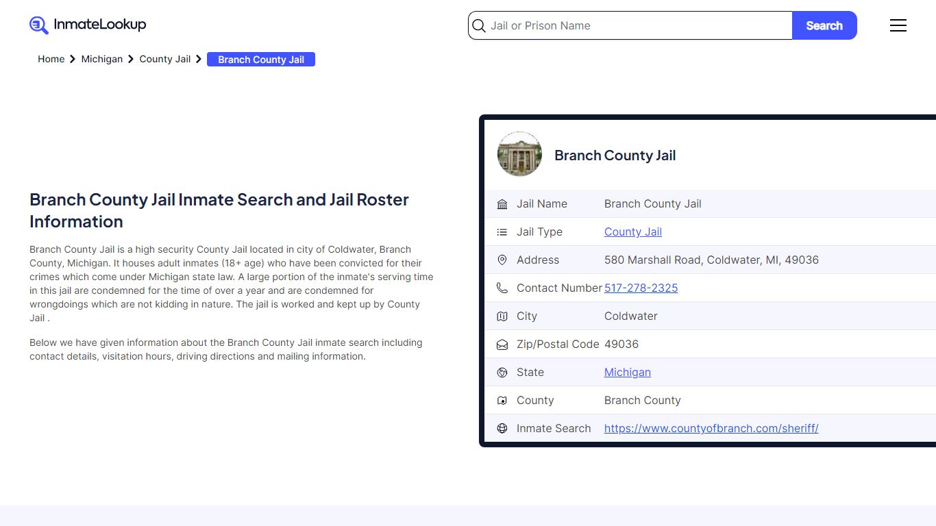 Branch County Jail Inmate Search and Jail Roster Information